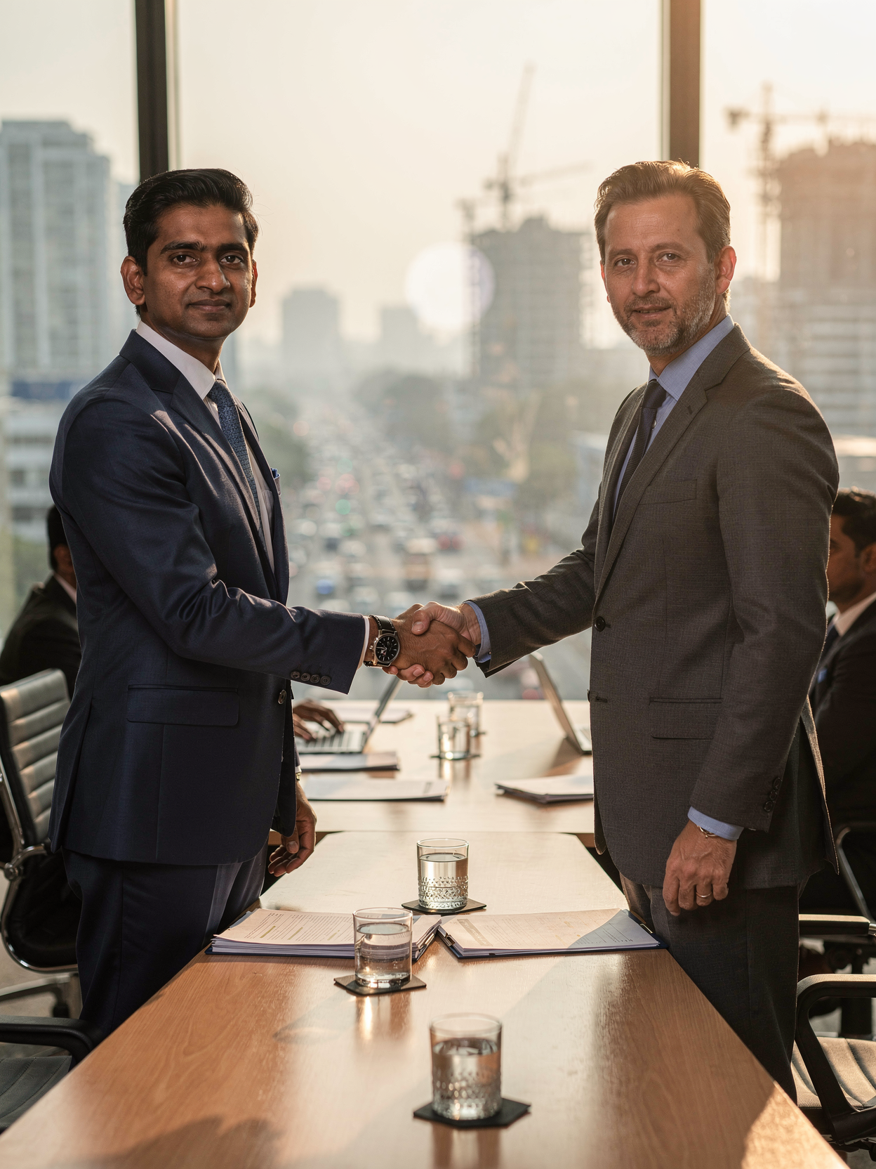 Business partnership deal being closed in a modern boardroom