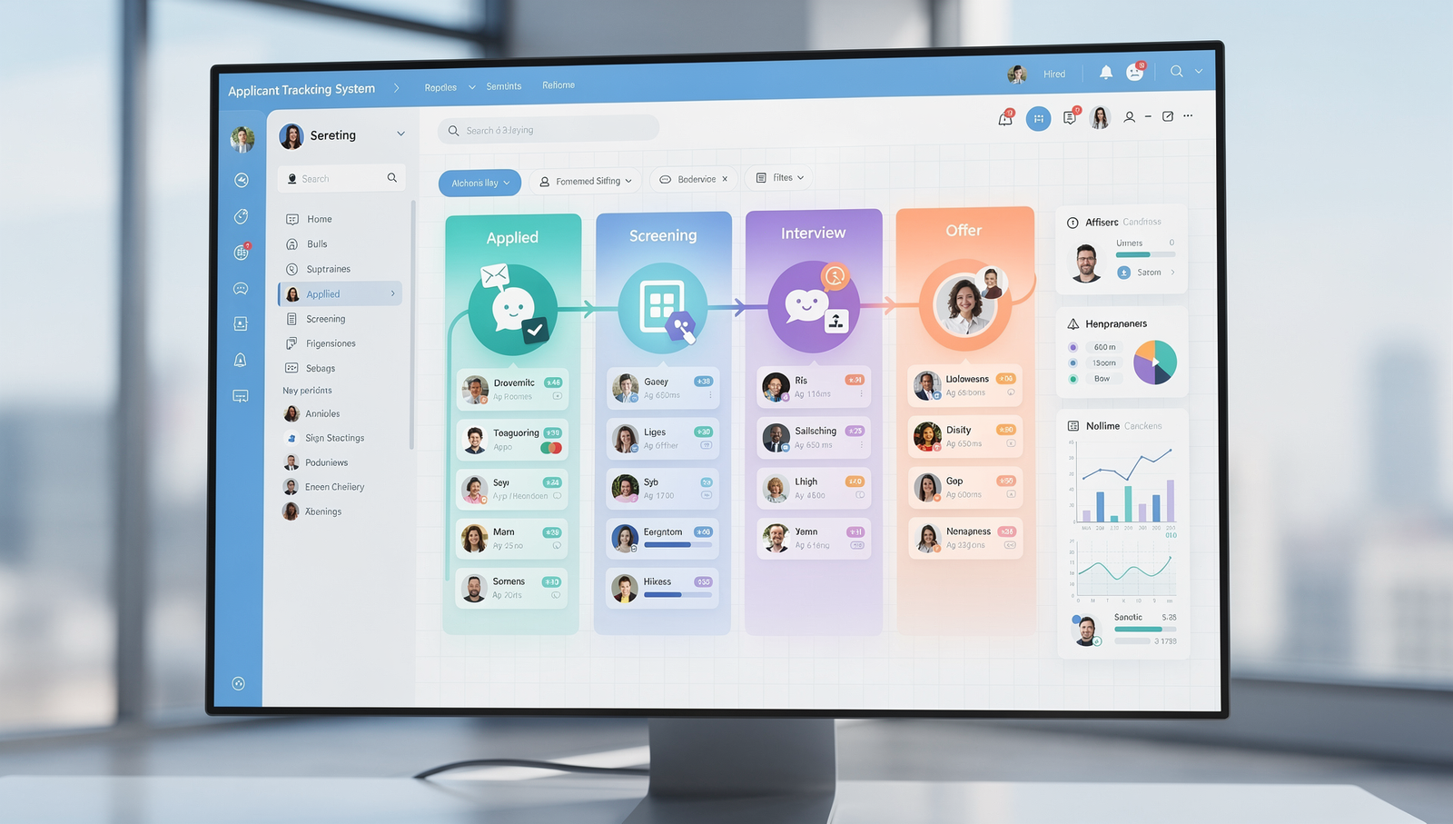 Applicant Tracking System UI showing candidate pipeline from applied to offer